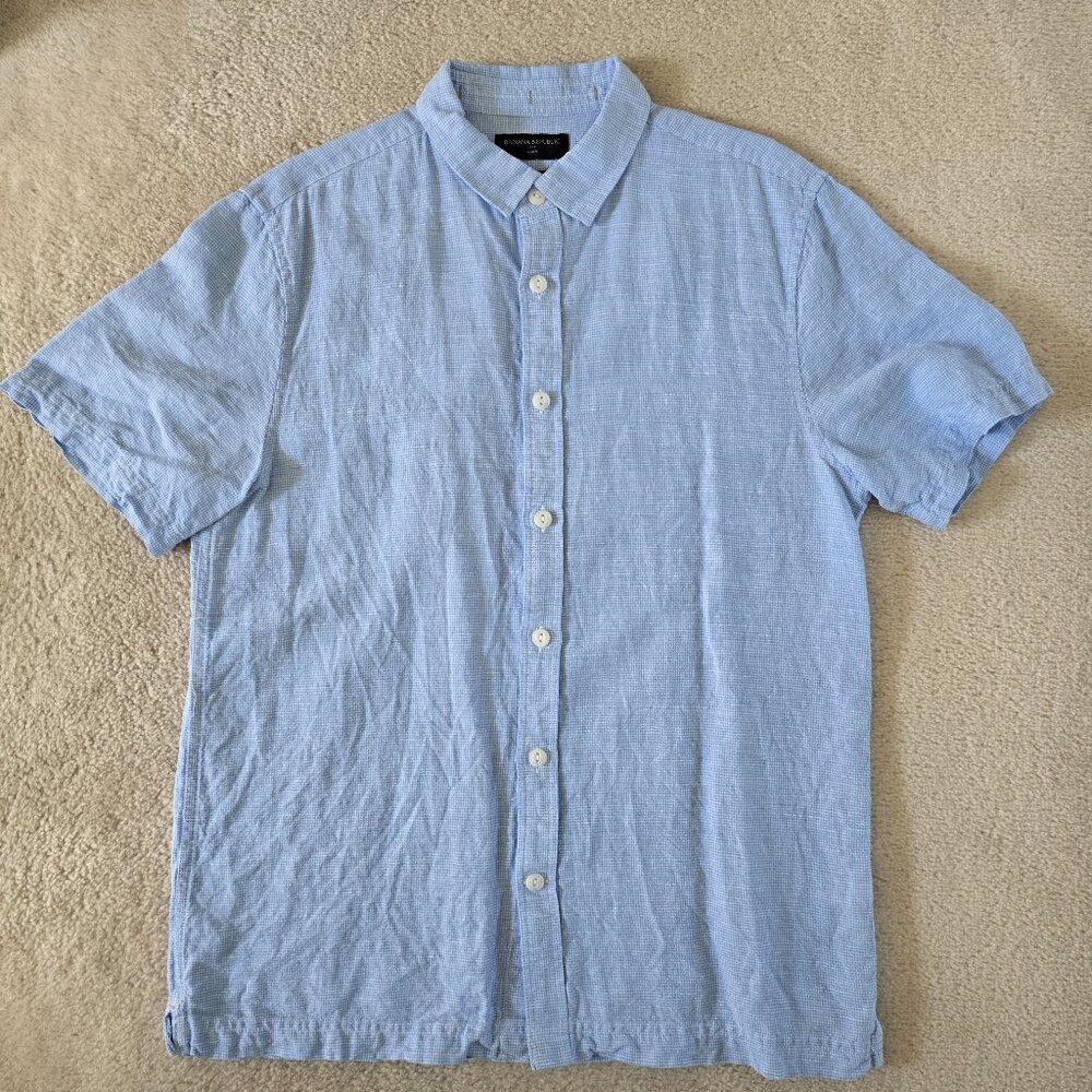 LNWOT Banana Republic Linen Blend Short Sleeve Button Up Shirt, Size M, Blue
